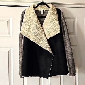 Design History Faux Suede and Sherpa Sweater Black Ivory and Grey L